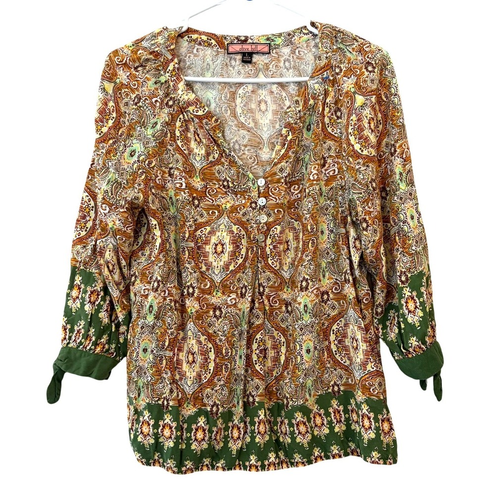 Olive Hill Paisley Floral Tie Sleeve V-Neck Blouse Orange Green LARGE